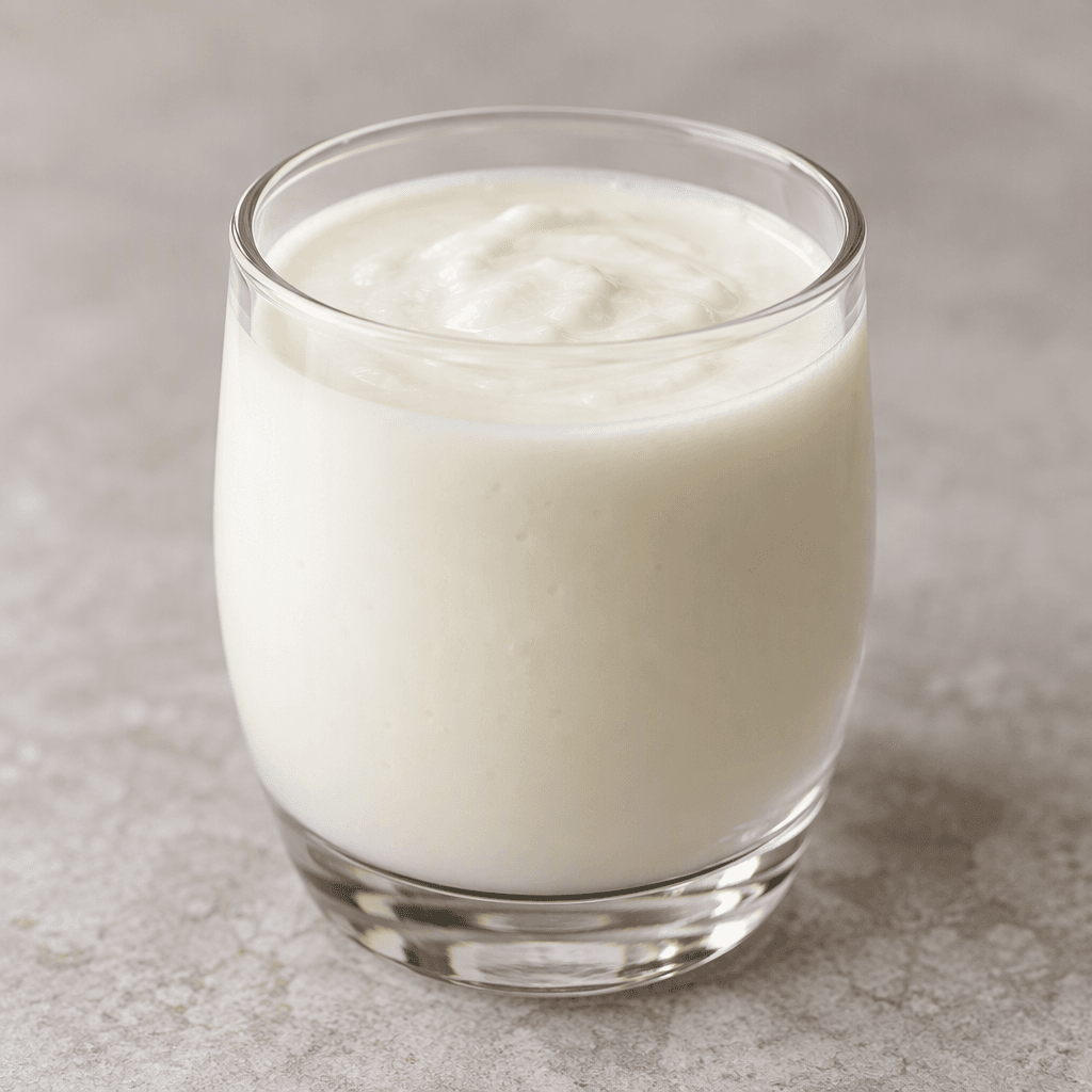 A small serving of opaque, pale ivory-white yogurt drink with a smooth, slightly thick texture sits in a clear glass.