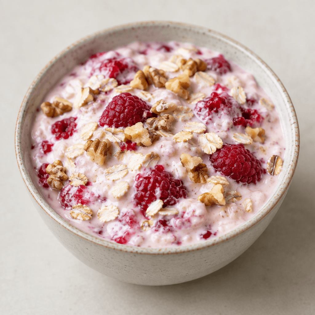 Creamy pale pink yogurt with raspberry pieces, visible oat flakes and chopped walnut fragments, served in a small bowl.