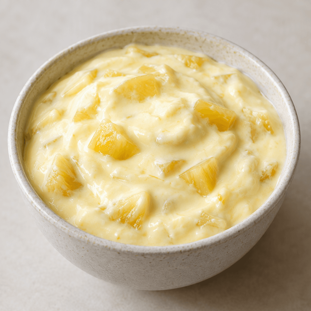 Thick, creamy pale-yellow yogurt with small golden pineapple pieces distributed throughout.