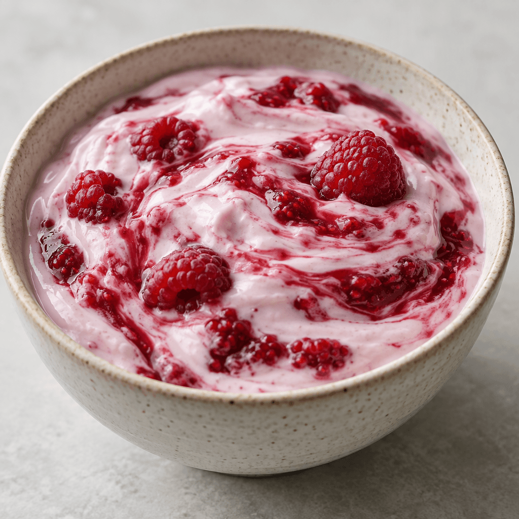 A bowl of thick, creamy pale-pink yogurt marbled with deep-red raspberry purée and dotted with small raspberry pieces.