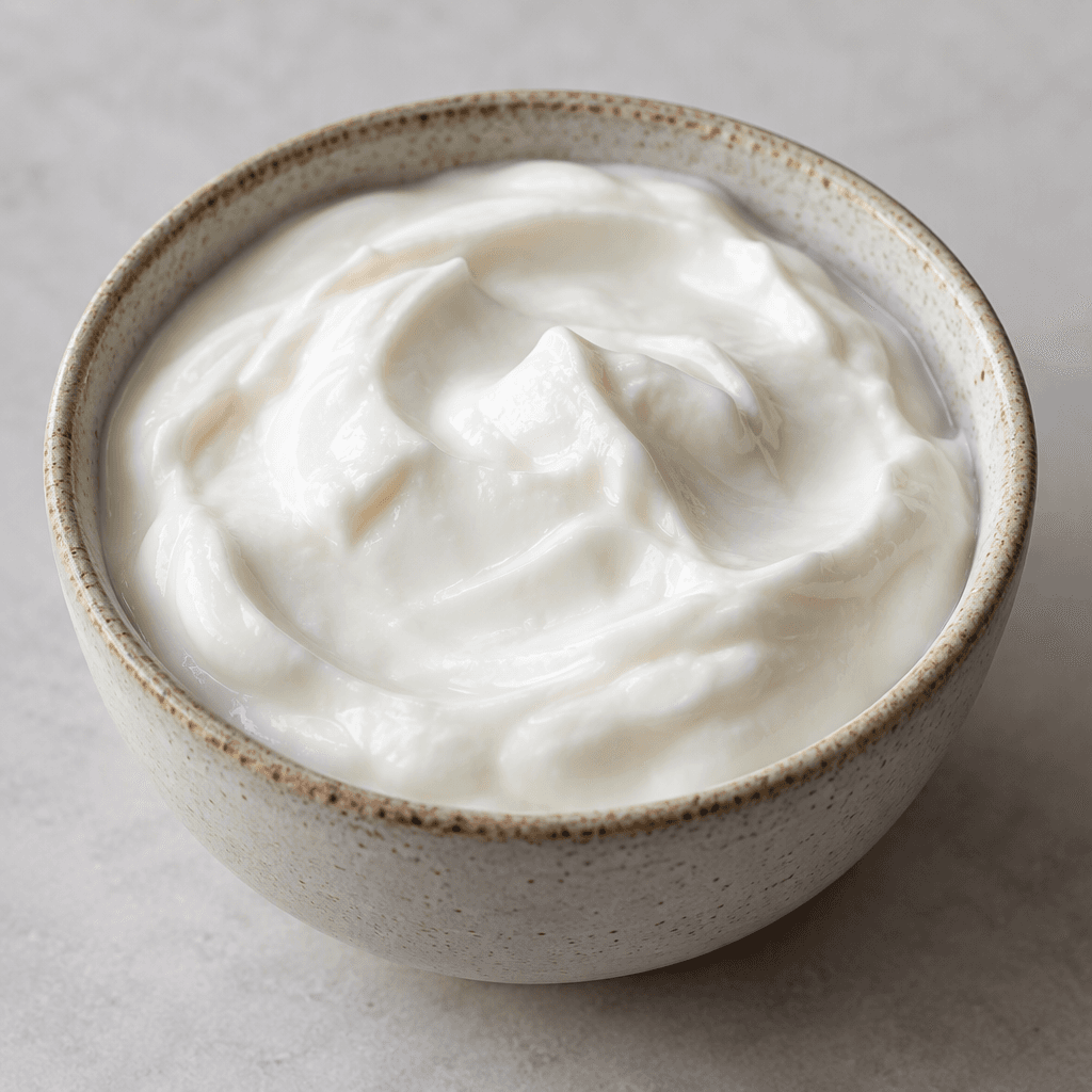 A small bowl holds smooth, thick, plain white yogurt with a soft sheen and a gently uneven surface.