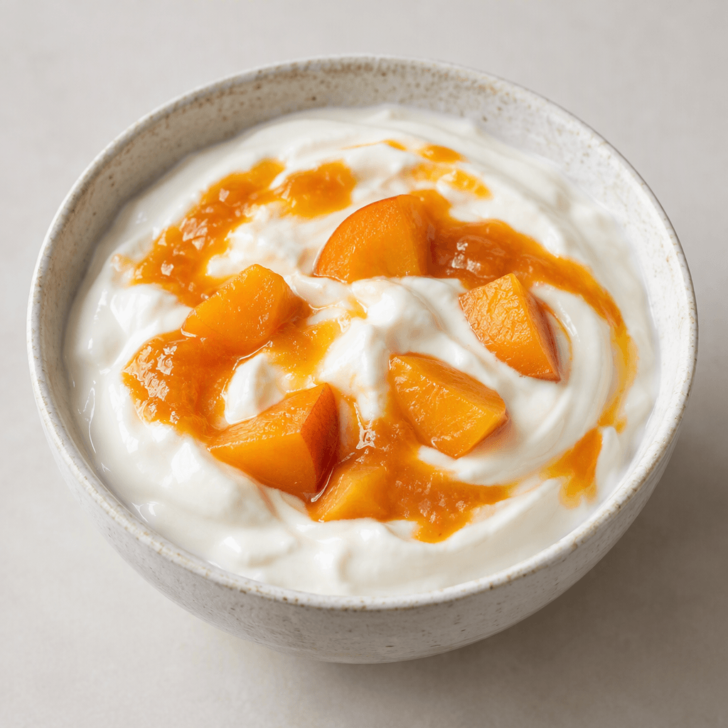 Thick, smooth off-white yogurt is topped with a few small golden-orange apricot pieces and streaks of apricot purée.