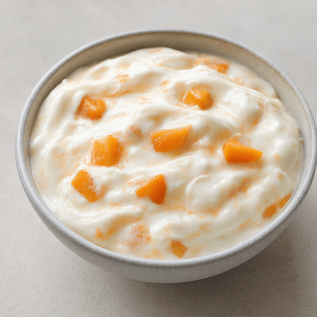 Thick, smooth pale-cream yogurt with small soft orange apricot pieces and faint apricot streaks, served in a small bowl.