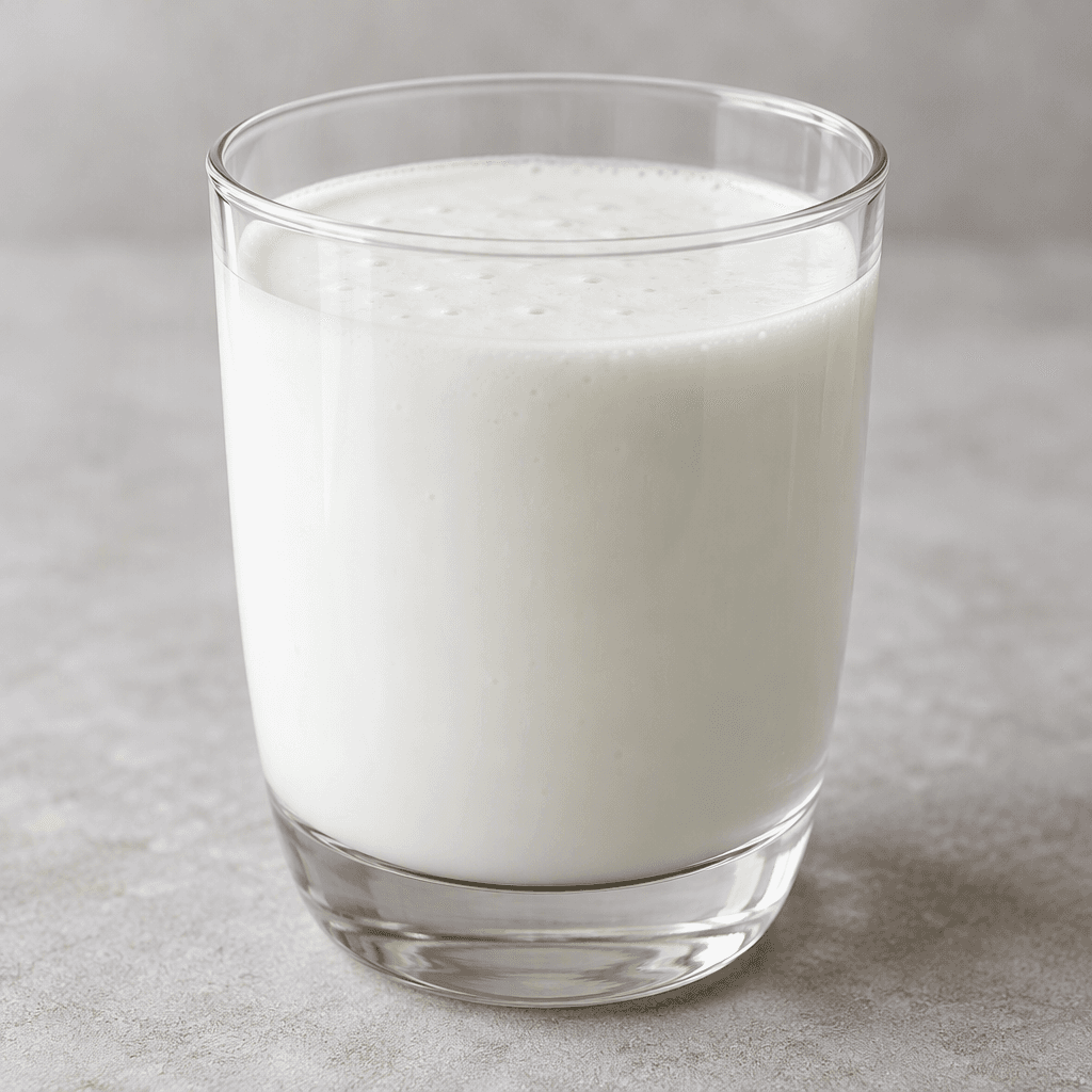 A smooth, opaque white kefir with a lightly thick, pourable consistency, served in a clear glass.