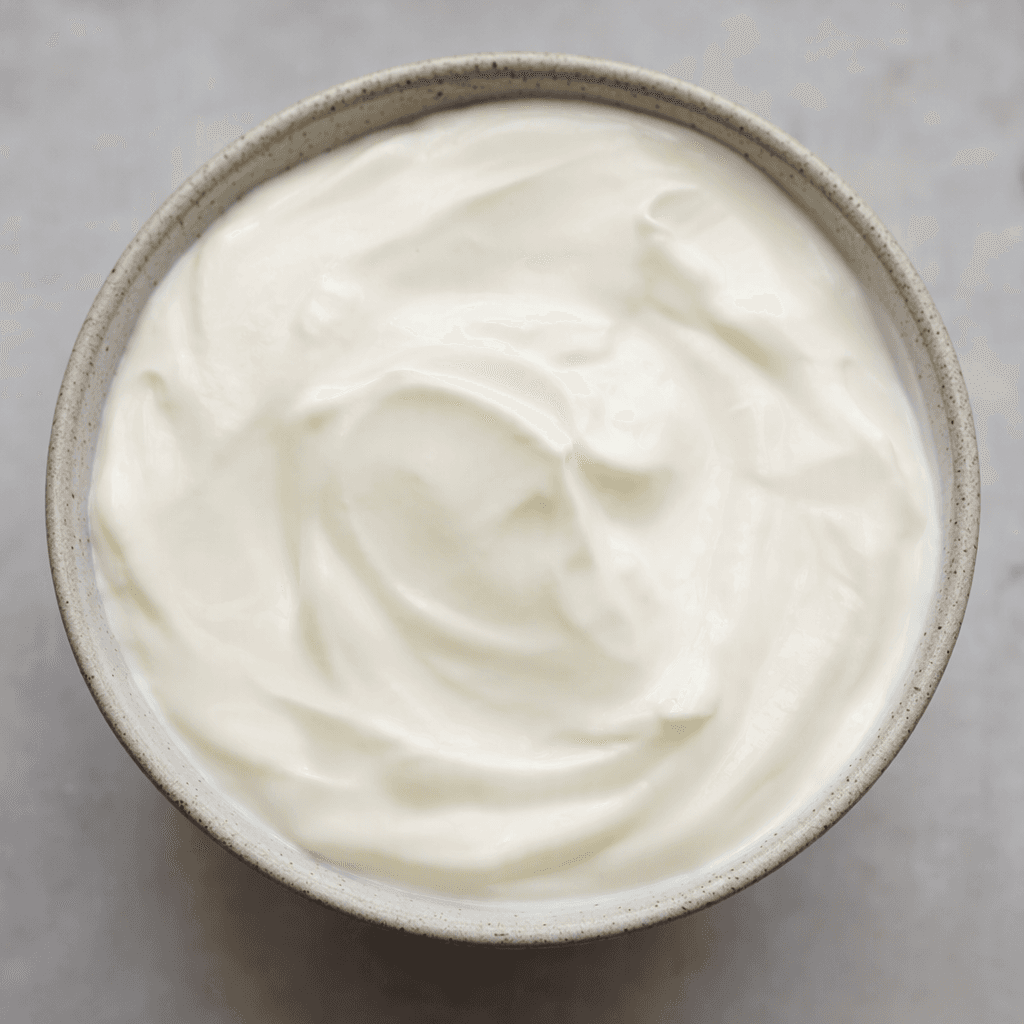 A thick, smooth white yogurt sits in a small bowl, with a glossy surface and soft spoon marks.