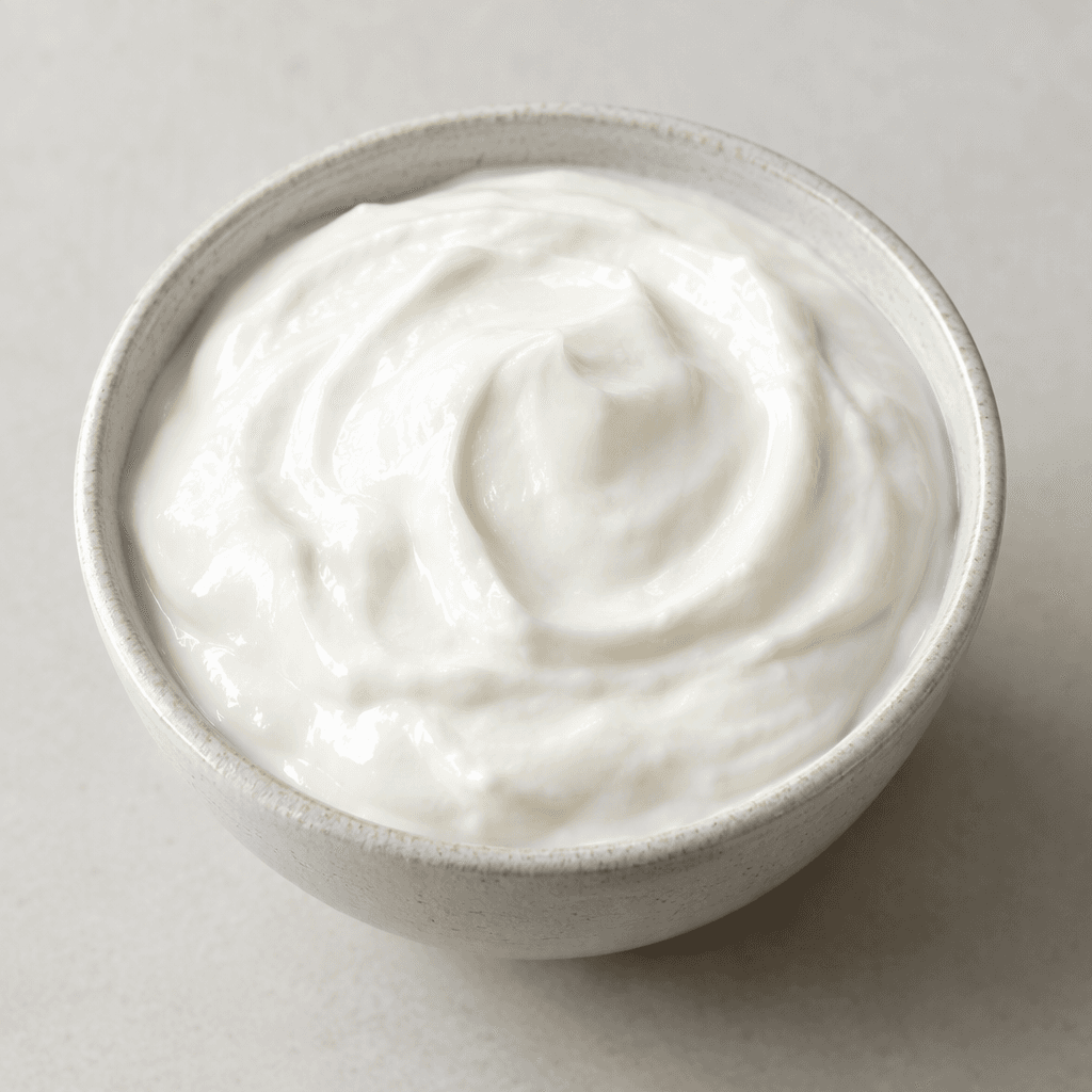 Thick, smooth white yogurt sits in a small bowl, with a glossy surface and soft swirls.