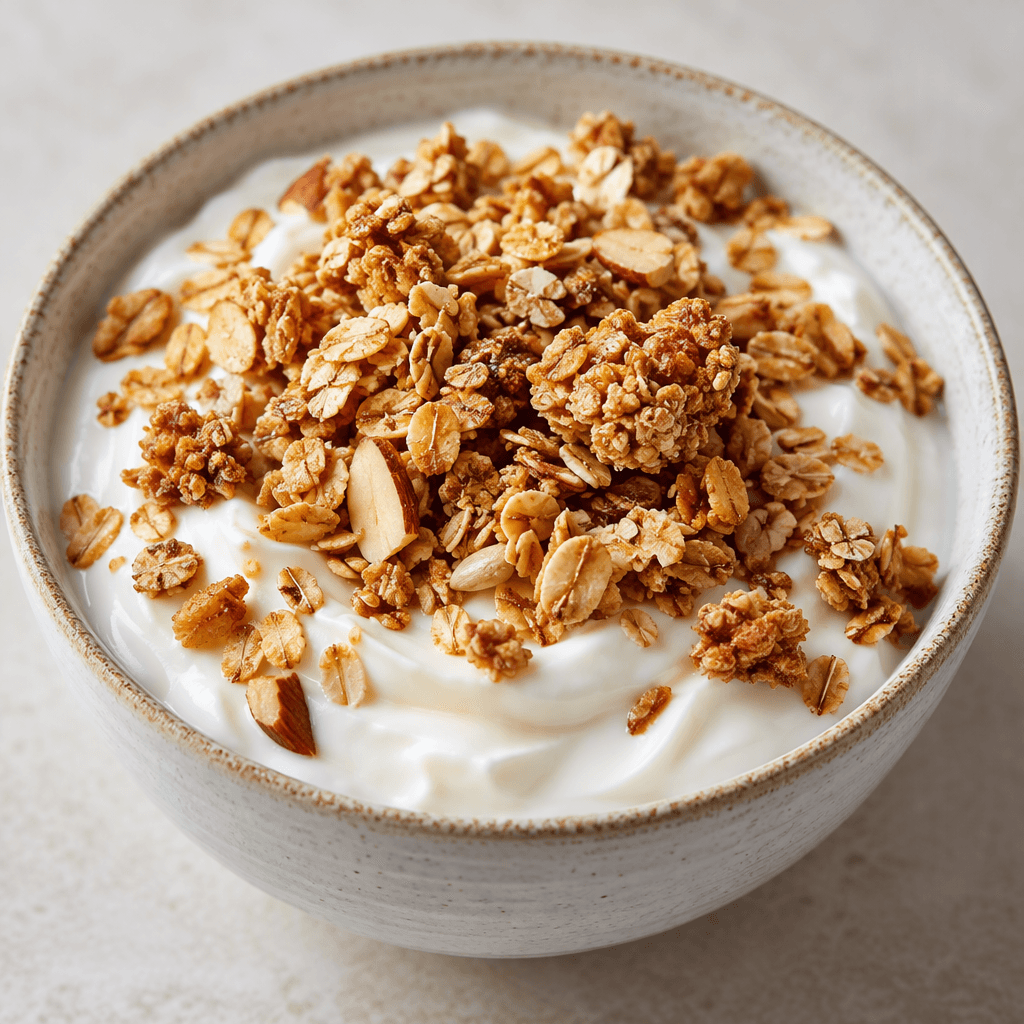 Thick, creamy white yogurt is topped with golden-brown granola flakes and small crunchy clusters.