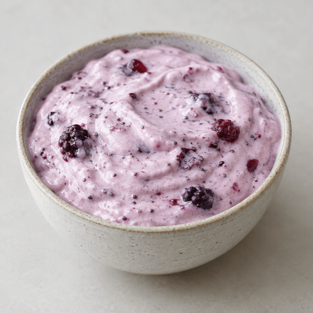 Thick, creamy yogurt with a pale mauve-pink color and scattered darker berry pieces and tiny seeds, served in a small bowl.