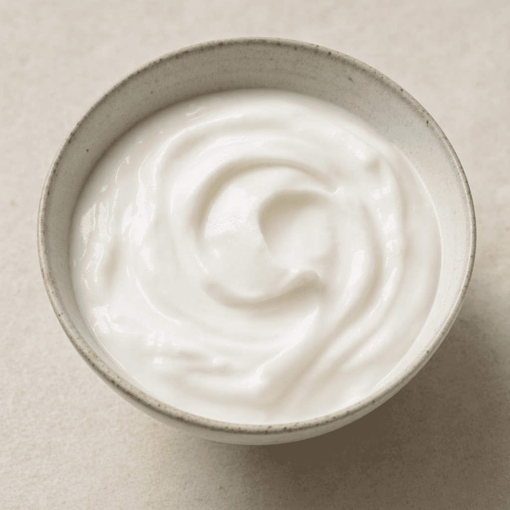 A small serving of thick, smooth, pale-white yogurt sits in a bowl, with a softly glossy surface and gentle swirls.