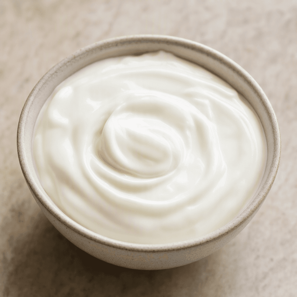 A small bowl holds thick, smooth, creamy-white yogurt with a softly rippled surface.