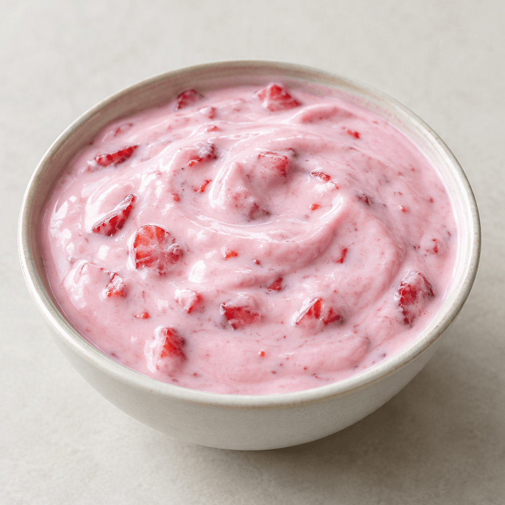 Creamy, glossy pale pink fruit yogurt with small pieces of red fruit visible throughout, served in a small bowl.