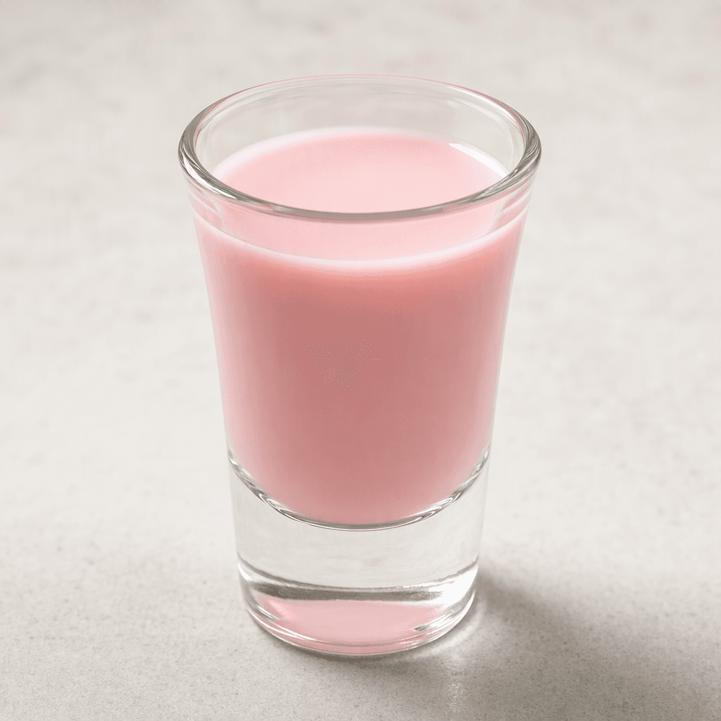 A small serving of smooth, pourable pale pink dairy drink sits in a clear shot glass, with an even surface and no visible pieces.