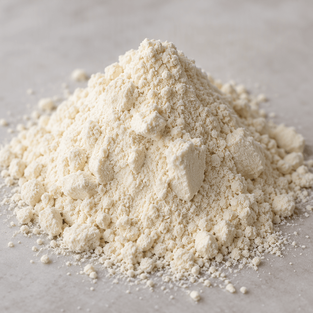 İnce dokulu, kuru ve yer yer topaklanmış açık krem renkli protein tozu küçük bir yığın hâlinde duruyor.