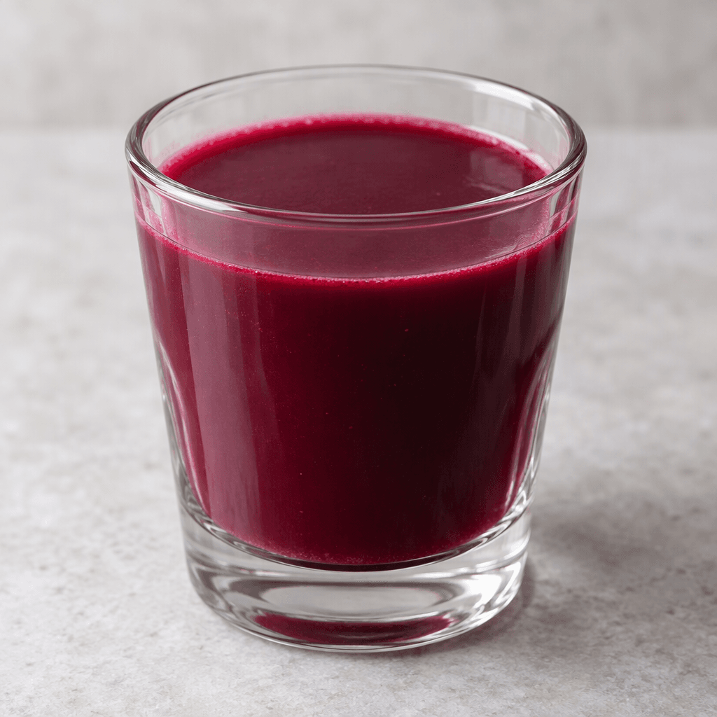 A small serving of smooth, deep purple-red drink sits in a clear glass, with an even, opaque surface.