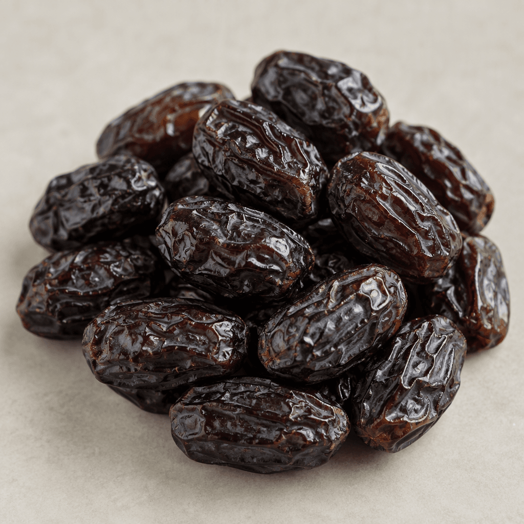 Small, oval Ajwa dates with deep brown to nearly black skins, fine vertical wrinkles, and a slightly glossy, firm-looking surface, shown whole with their stems removed.