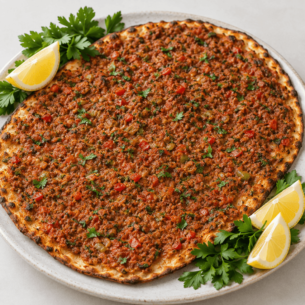 İnce, yuvarlak-oval bir hamurun üzeri ince kıyılmış kırmızı-kahverengi et karışımıyla tamamen kaplıdır; üzerinde kırmızı biber, domates, yeşil biber ve ot parçaları görülür, kenarları hafifçe kızarmış olup yanında taze maydanoz ve limon dilimleri bulunur.