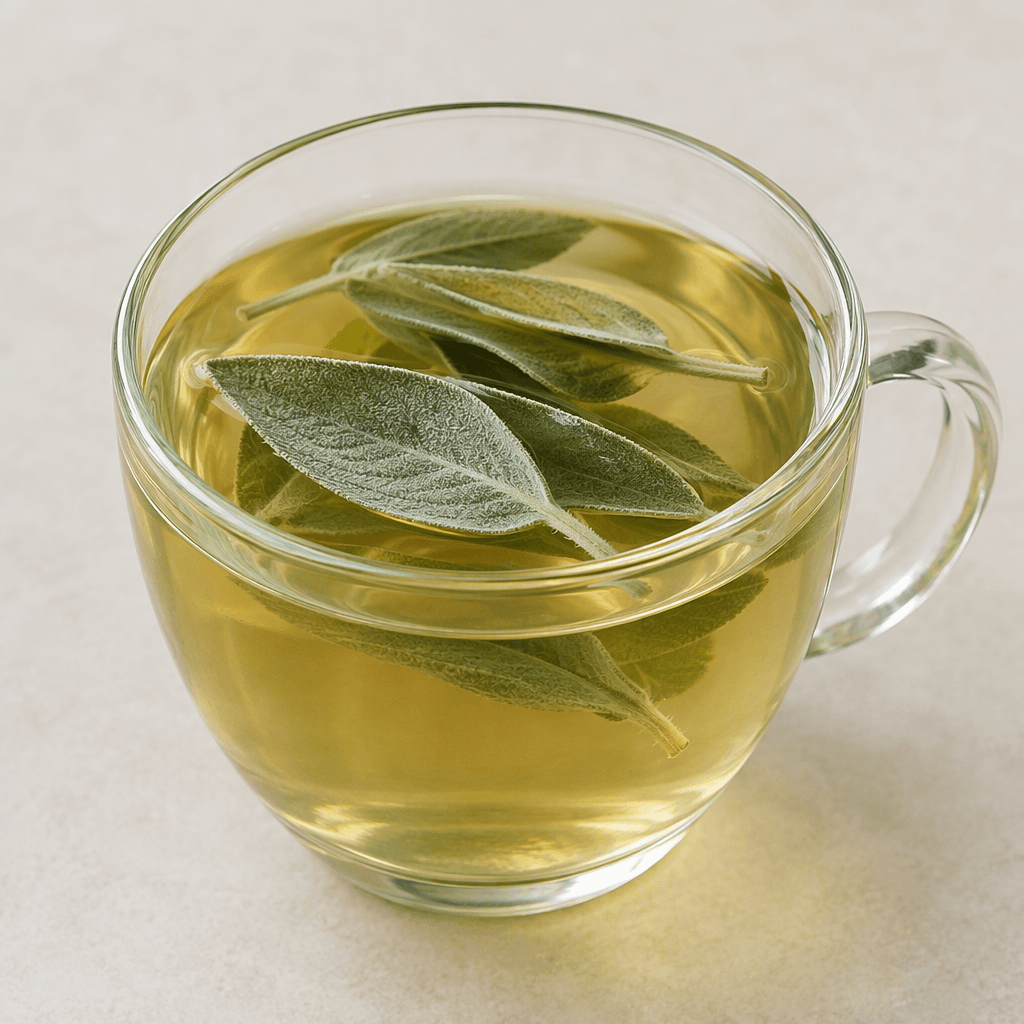 A clear, pale golden-green herbal infusion sits in a glass cup, with a few soft, silvery-green sage leaves floating on the surface.