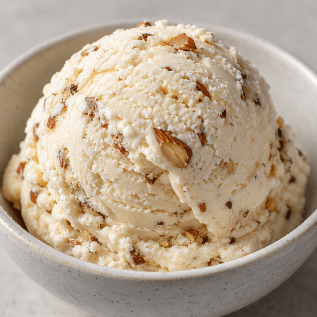 A rounded scoop of pale ivory almond ice cream with small brown almond pieces visible throughout, served in a dish.