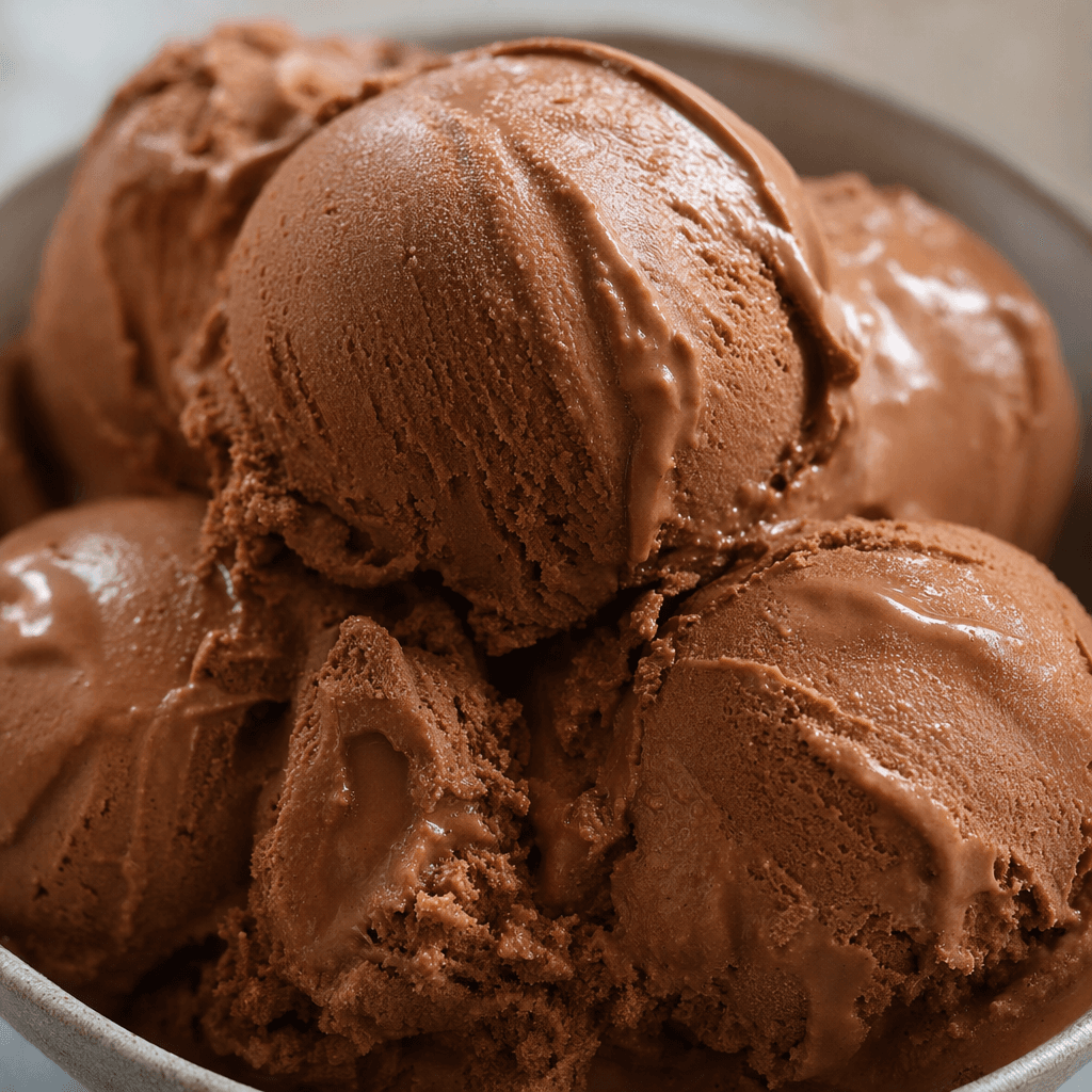 Smooth, rich-brown chocolate ice cream sits in rounded scoops, with a creamy surface and soft scoop marks.