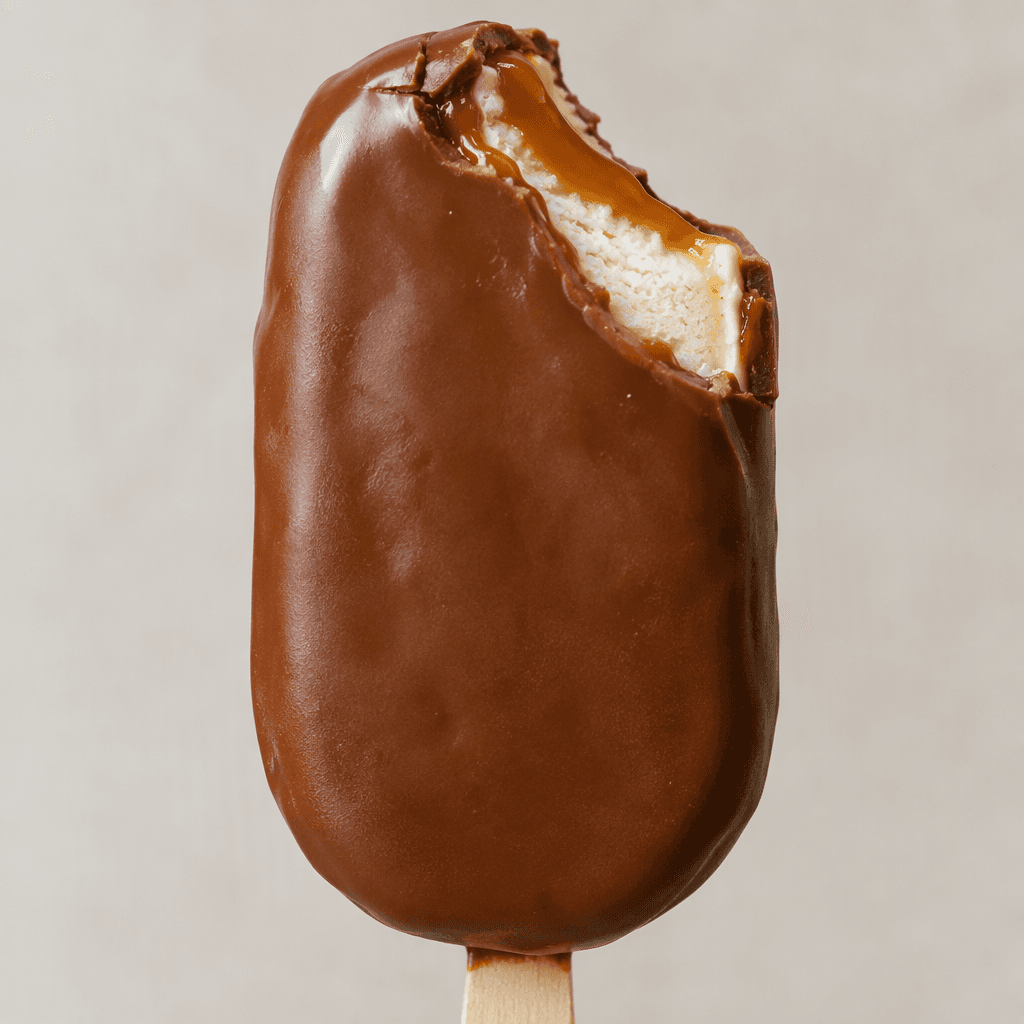 A compact, pale ice-cream bar is covered in a smooth milk-chocolate coating with a glossy golden-brown caramel layer visible across its surface.