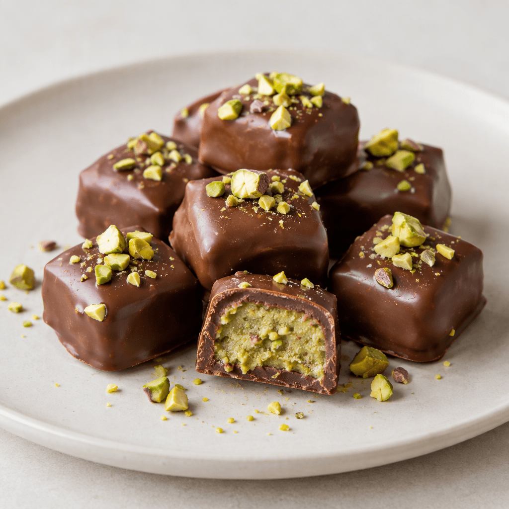 Small bite-sized pieces of glossy brown chocolate, scattered with pale-green pistachio pieces and one cut open to reveal a green-speckled center, are arranged on a plain plate.