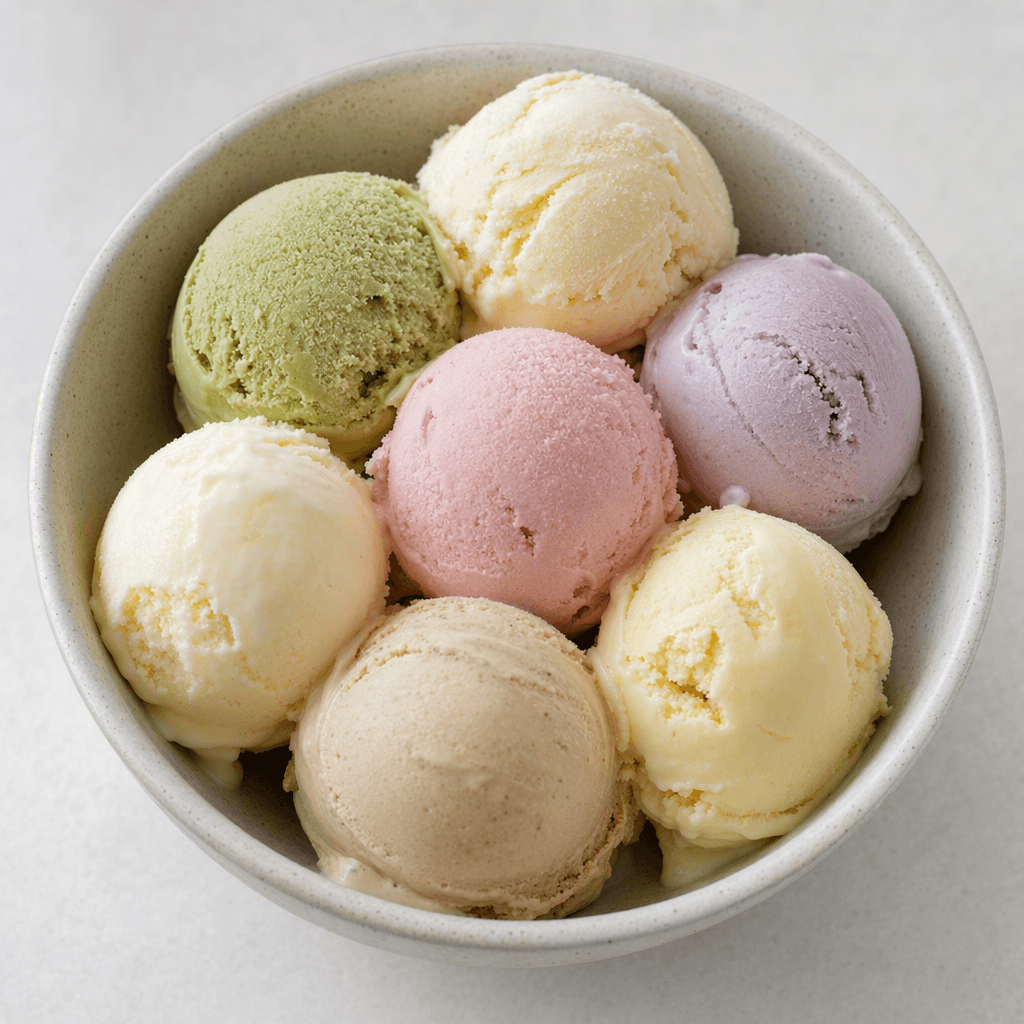 Small, rounded portions of smooth, creamy ice cream in pale colours, served together in a dish.