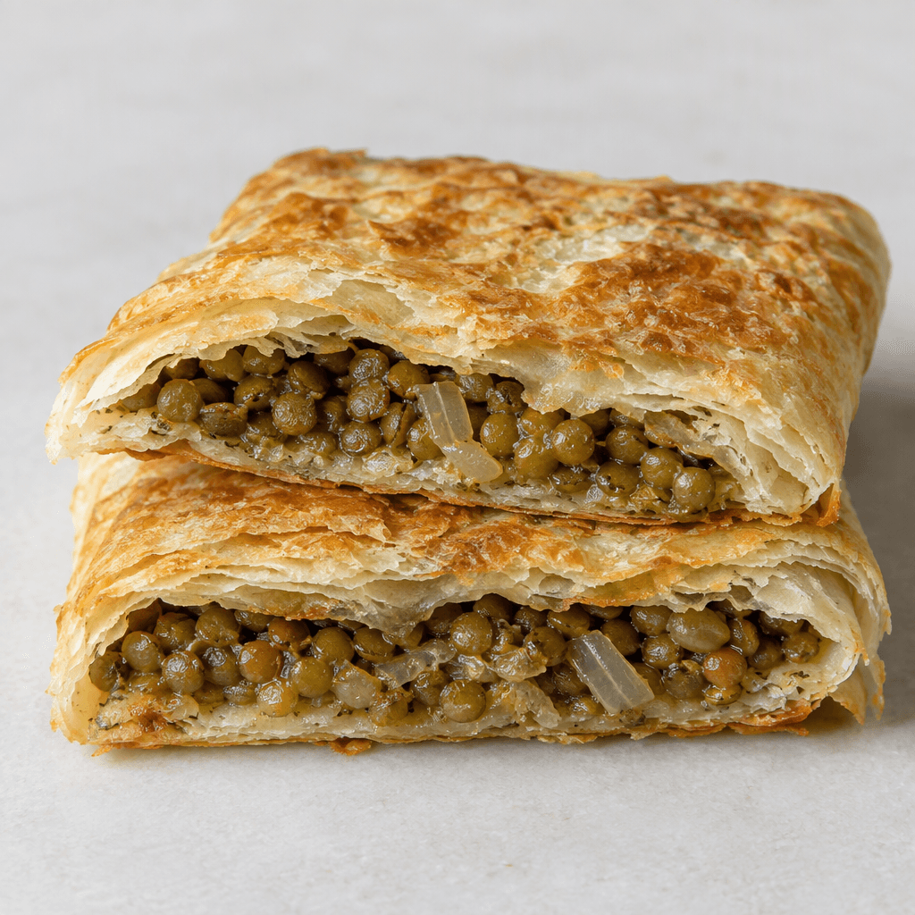 A flat, rectangular folded pastry with a golden, lightly browned top and flaky layers, split to show a filling of green-brown lentils and onion.