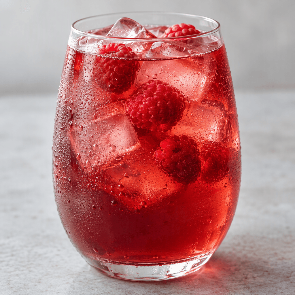 Translucent deep pink-red iced tea fills a clear glass, with ice cubes and raspberries visible in the drink and beads of condensation on the outside.