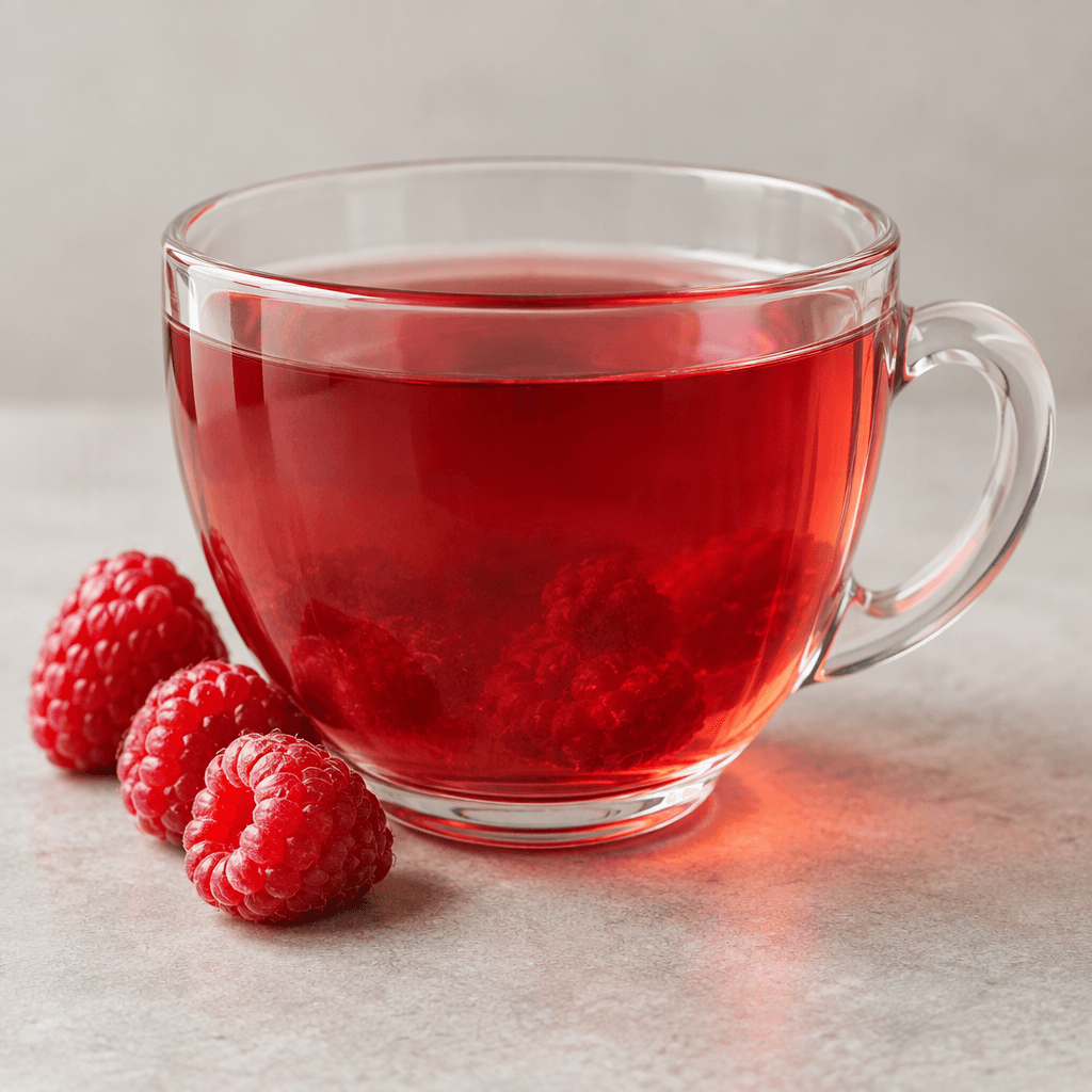 A translucent ruby-red raspberry infusion fills a clear glass cup, with a few whole red raspberries visible beside it and a warm reddish-pink glow through the liquid.