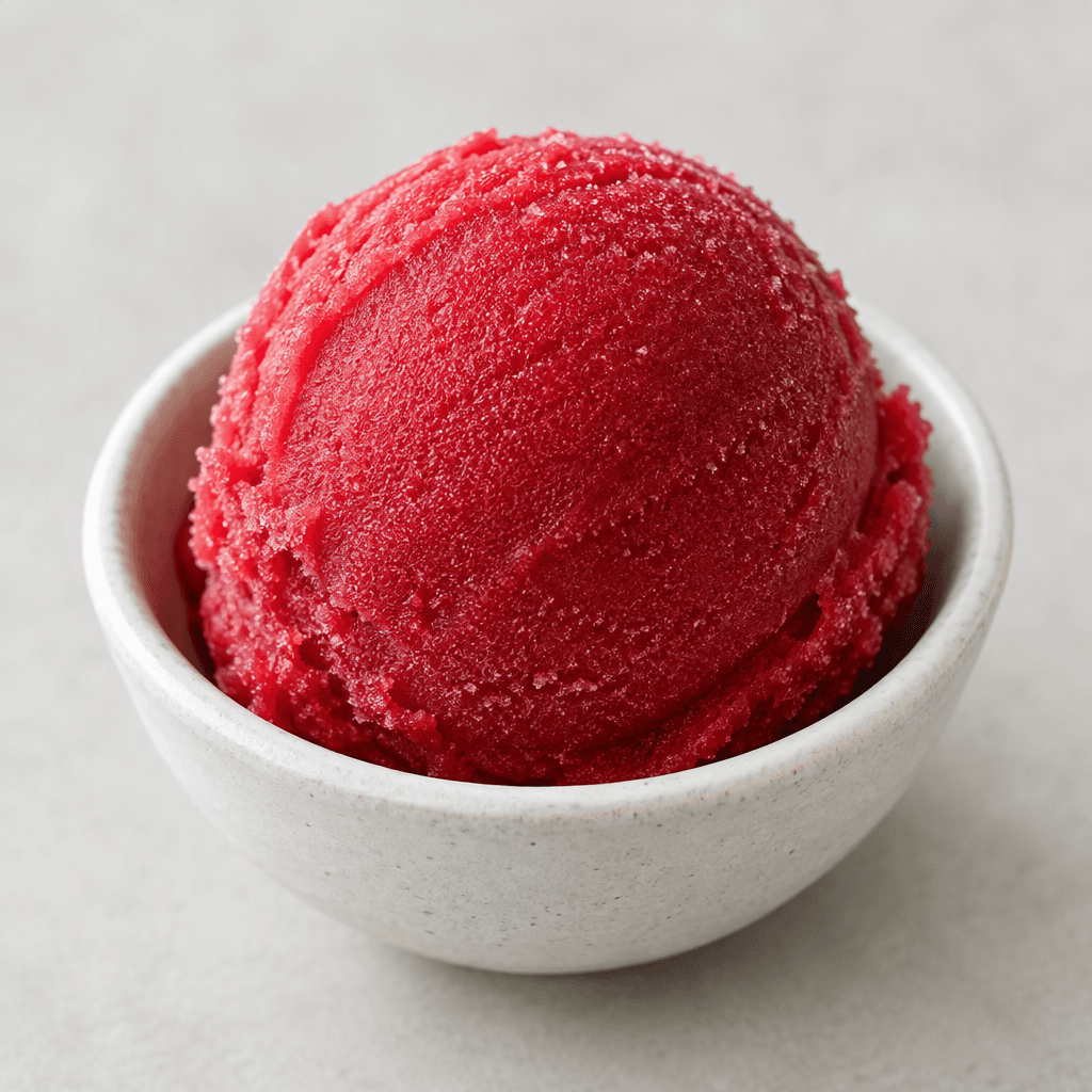 A rounded scoop of vivid raspberry-red sorbet sits in a small dish, with a smooth surface and faint icy crystals.