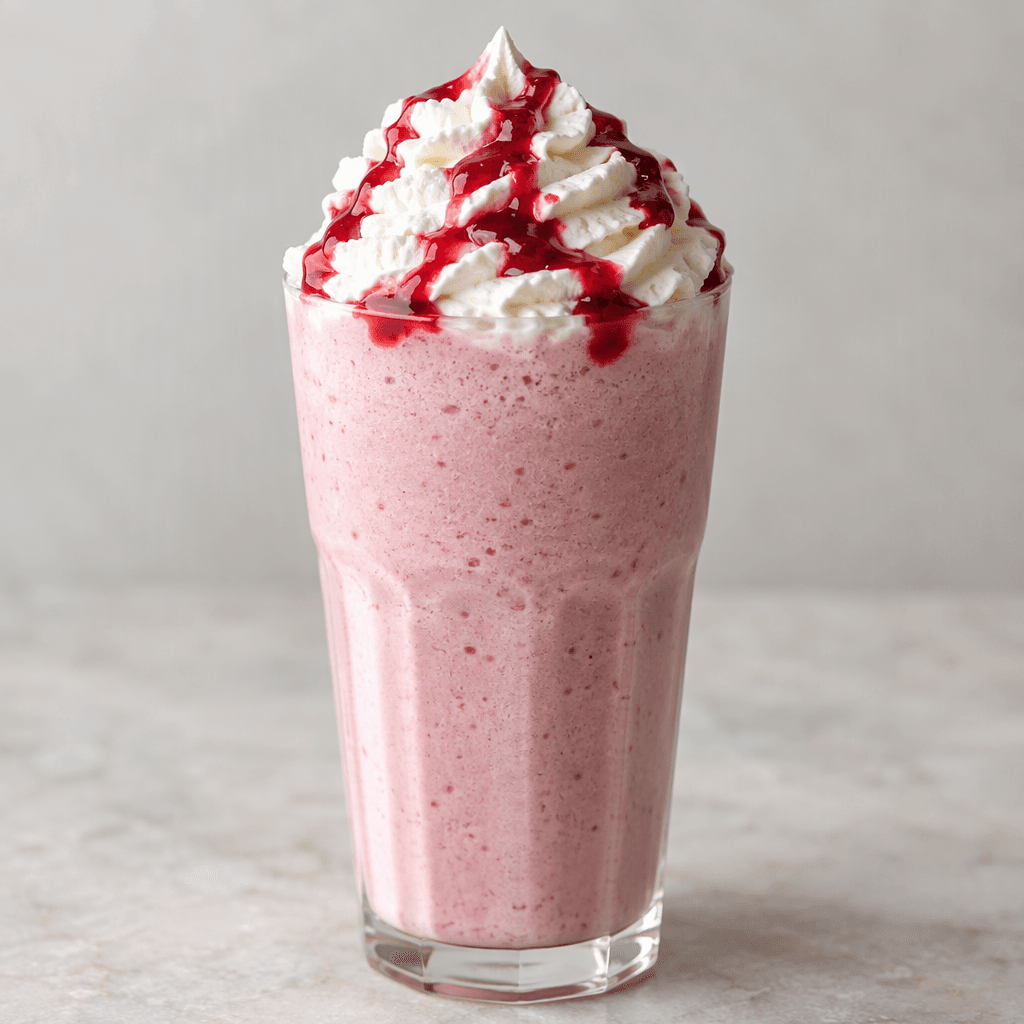 A pale pink, finely blended iced drink sits in a tall clear cup, topped with a swirl of white whipped cream and streaked with deep red raspberry sauce.