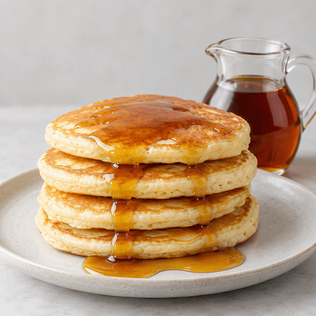 A clear, glossy amber-brown syrup with a smooth, thick, pourable texture, pooled in a small glass pitcher and drizzled in a shiny ribbon over a stack of pale golden pancakes.