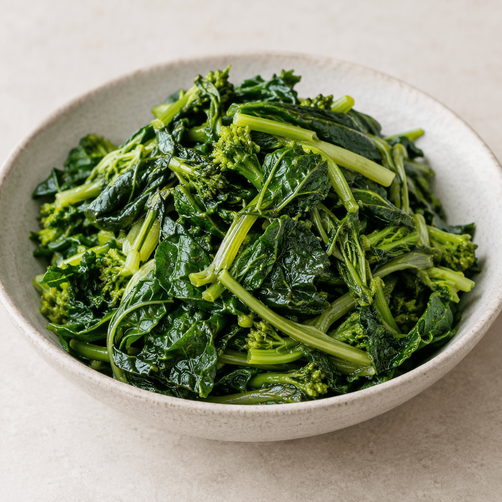 A shallow serving dish holds a loose mound of assorted Mediterranean leafy greens, with deep green leaves, tender pale-green stems, curled edges and a slight olive-oil sheen.