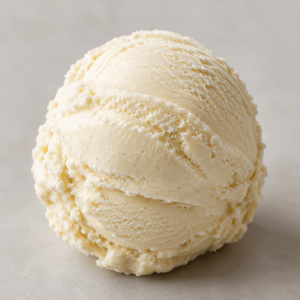 A rounded scoop of pale cream-colored ice cream with a smooth, softly ridged surface.