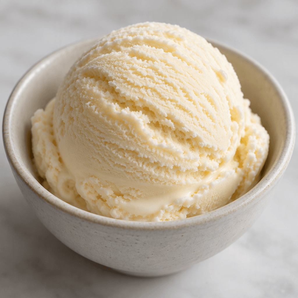 A rounded scoop of pale ivory ice cream with a smooth, softly ridged surface sits in a small bowl, with no visible toppings or mix-ins.