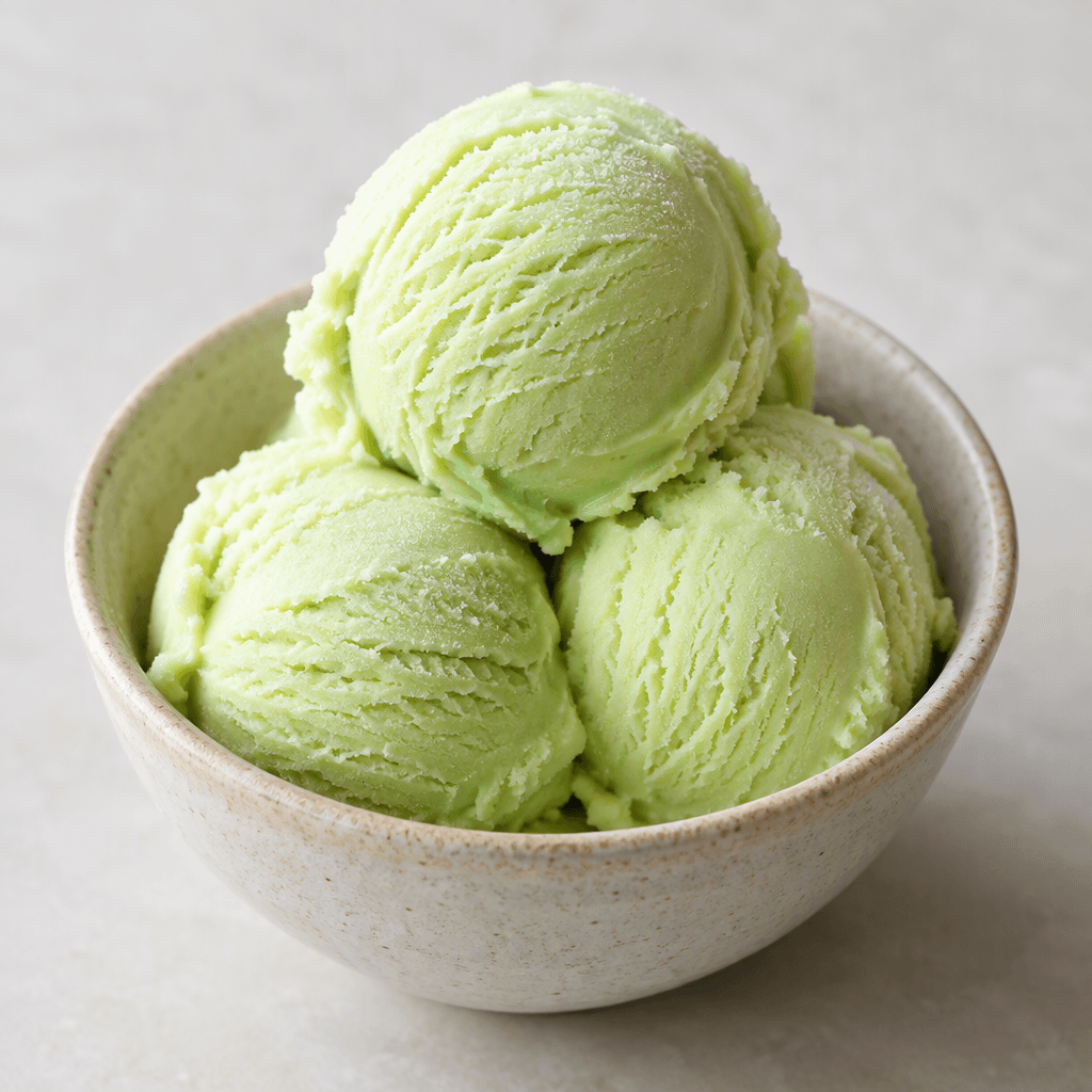 Rounded scoops of pale green melon ice cream sit in a small bowl, their smooth, creamy surfaces lightly ridged from the scoop.