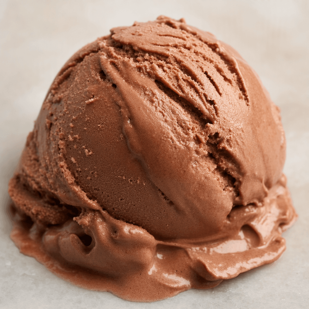 Chocolate-brown ice cream sits in rounded scoops with a smooth, creamy surface and soft ridges.