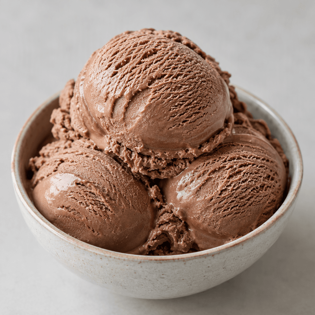 Smooth, creamy cocoa-brown milk ice cream sits in rounded scoops, with softly ridged surfaces and a slight sheen.