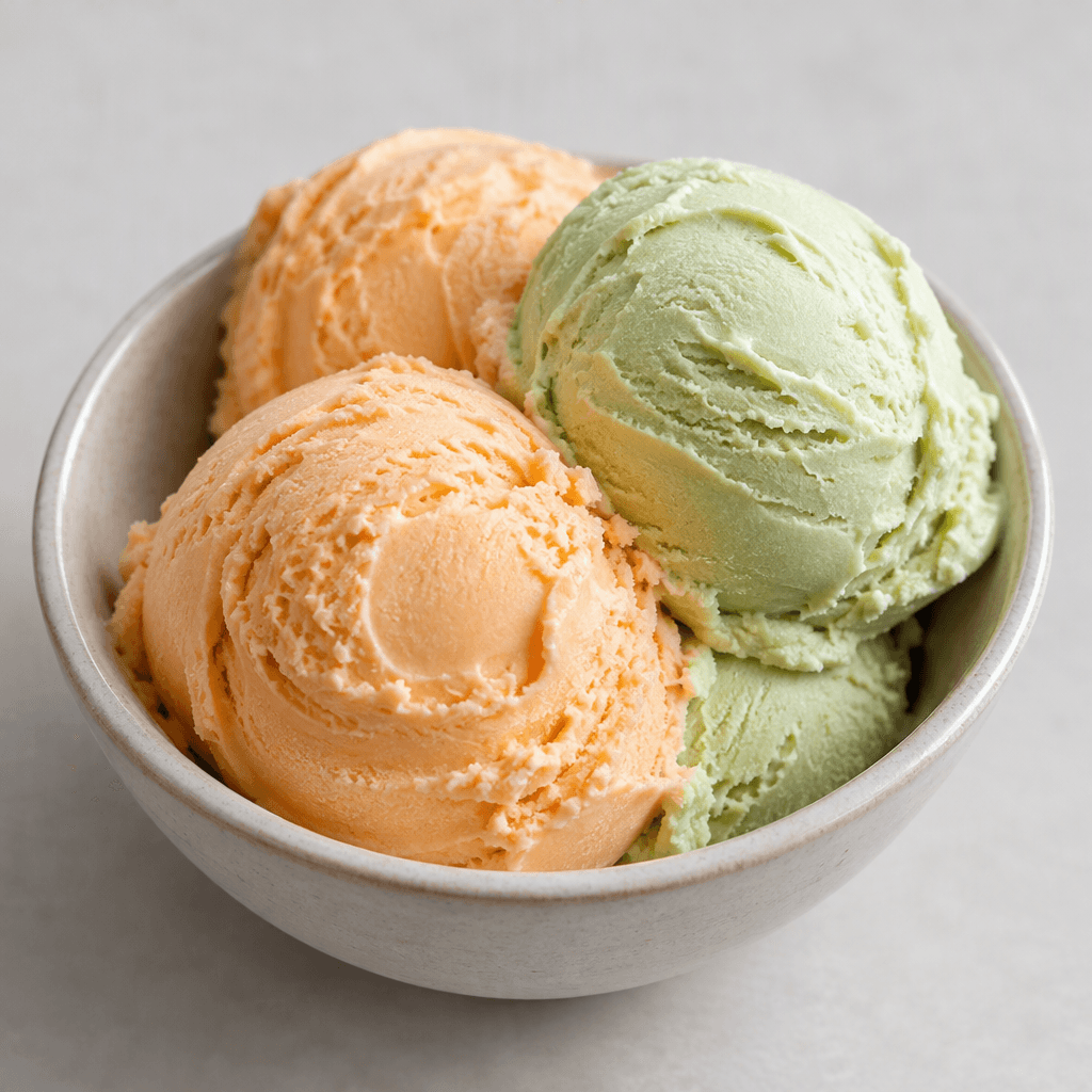 Scoops of creamy ice cream in soft peach-orange and pale melon-green, with a smooth, slightly swirled surface, served together in a small dish.