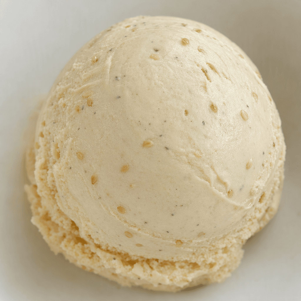 Dense, pale beige ice cream with a smooth, slightly stretchy surface, shaped into a rounded scoop with faint swirls and tiny sesame specks.