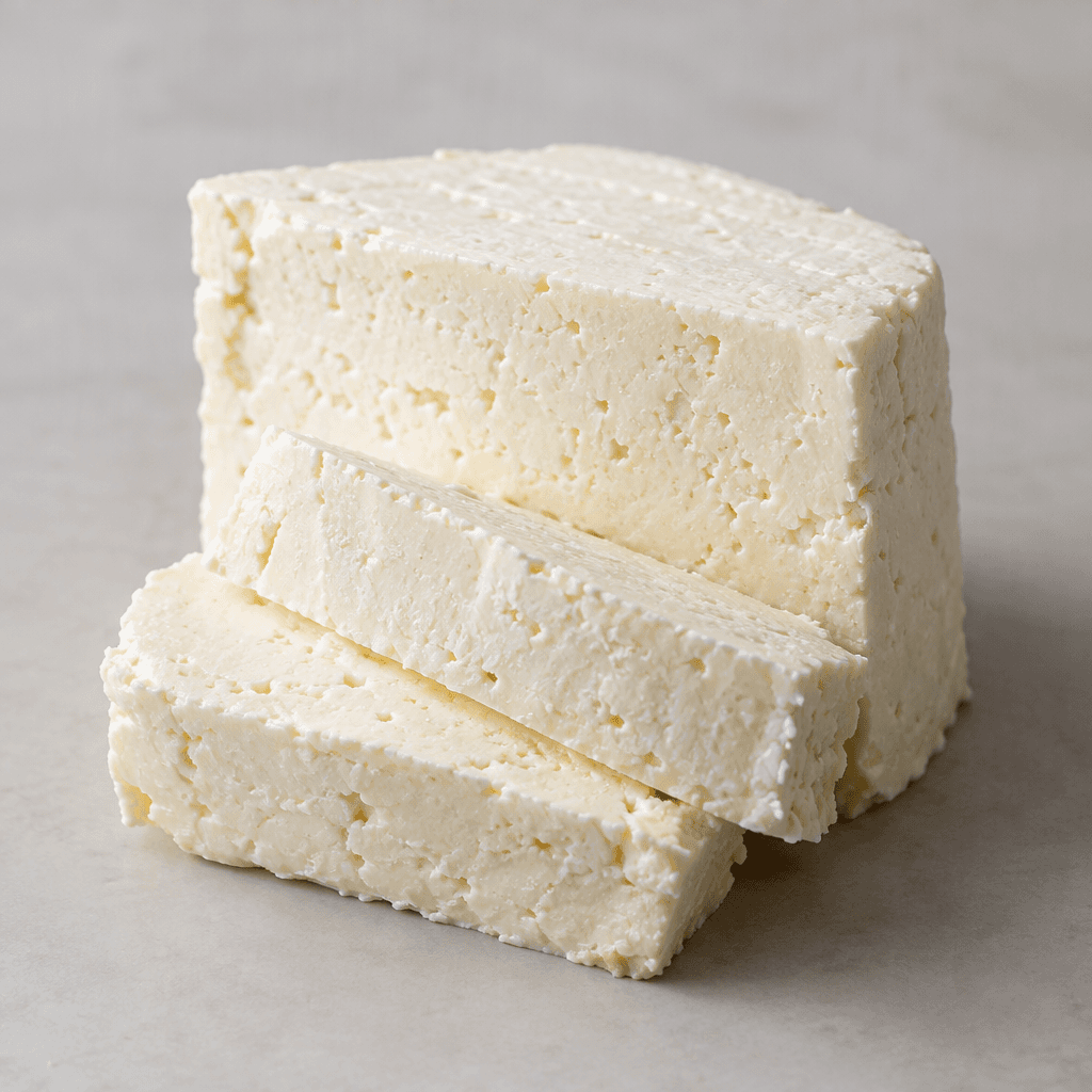 A pale ivory-white block of cheese with a dense, moist-looking surface, fine pores, and slightly crumbly edges sits in neatly cut pieces.
