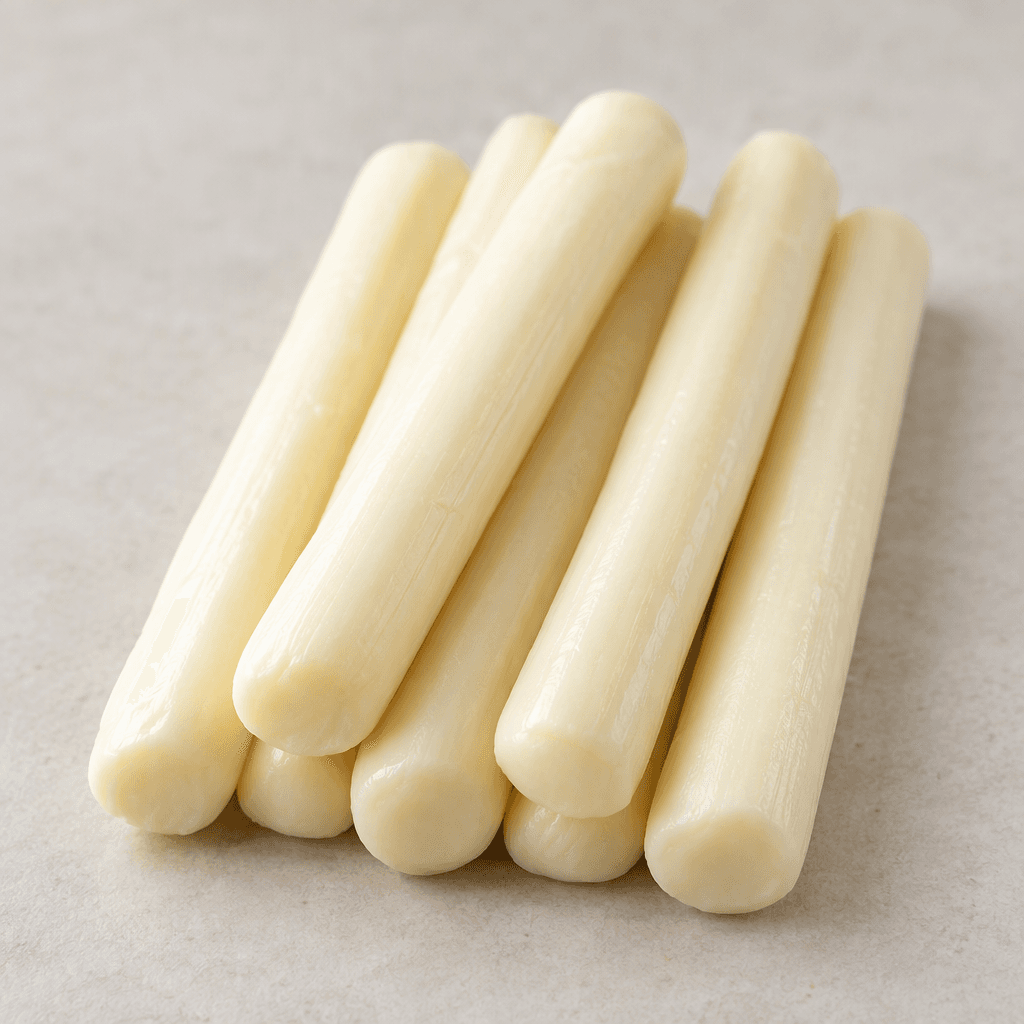 Several slender, creamy-white cheese sticks with smooth surfaces and softly rounded ends are arranged side by side.