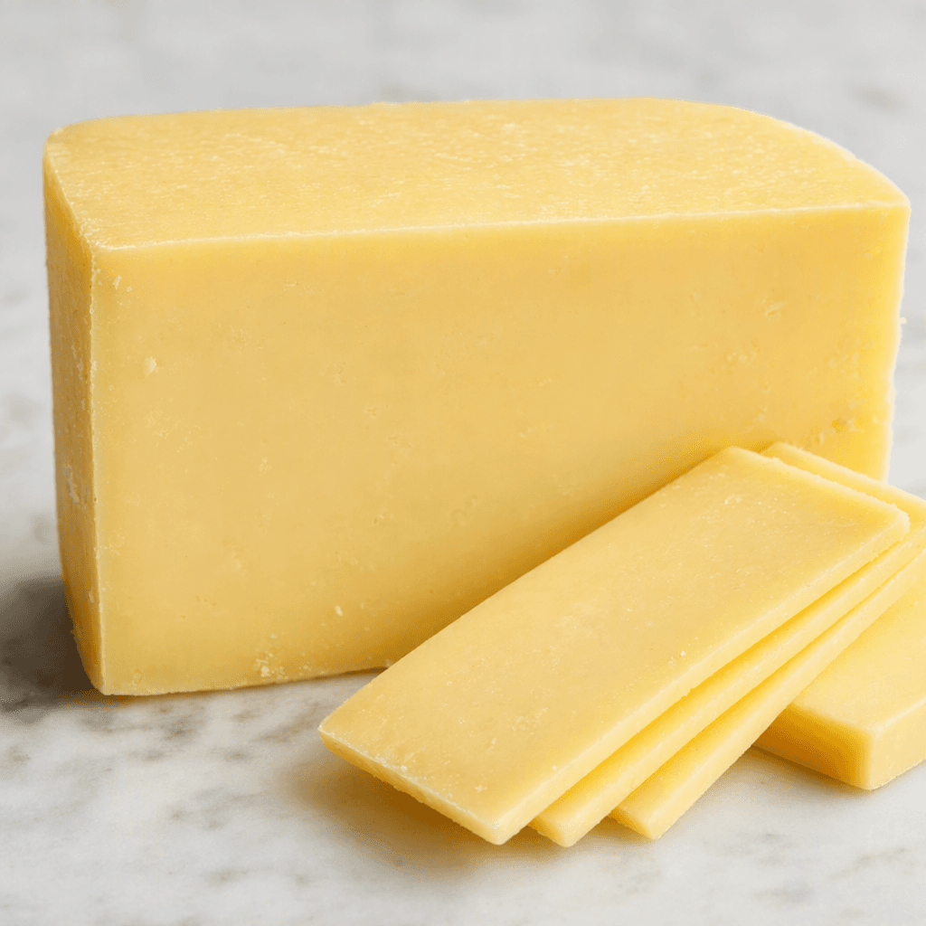 A firm, pale straw-yellow cheese sits in a neat block, with a smooth cut face and a few thin slices beside it.