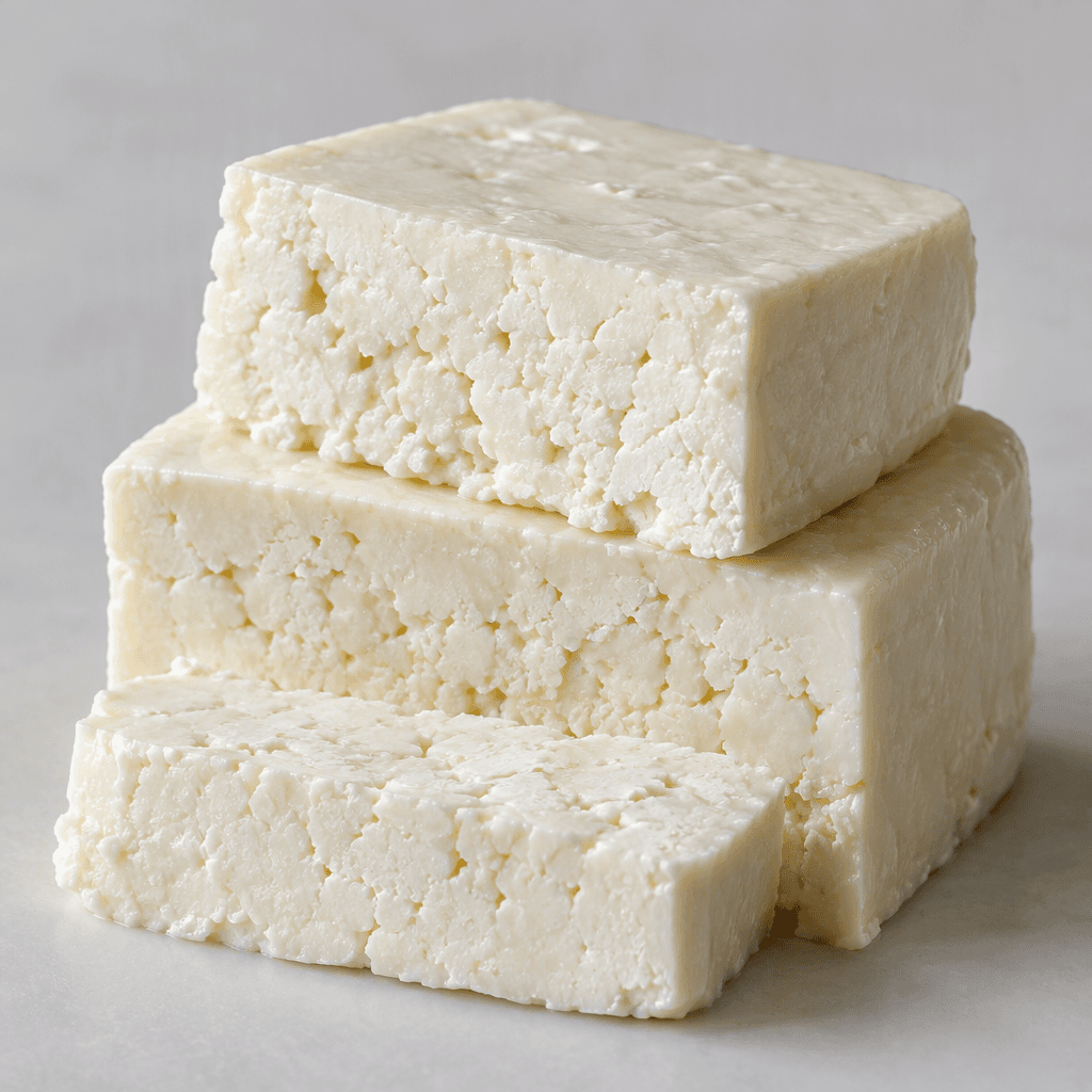 A compact block of ivory-white cheese with a smooth, moist surface and a slightly porous, crumbly cut face, shown in thick rectangular pieces.