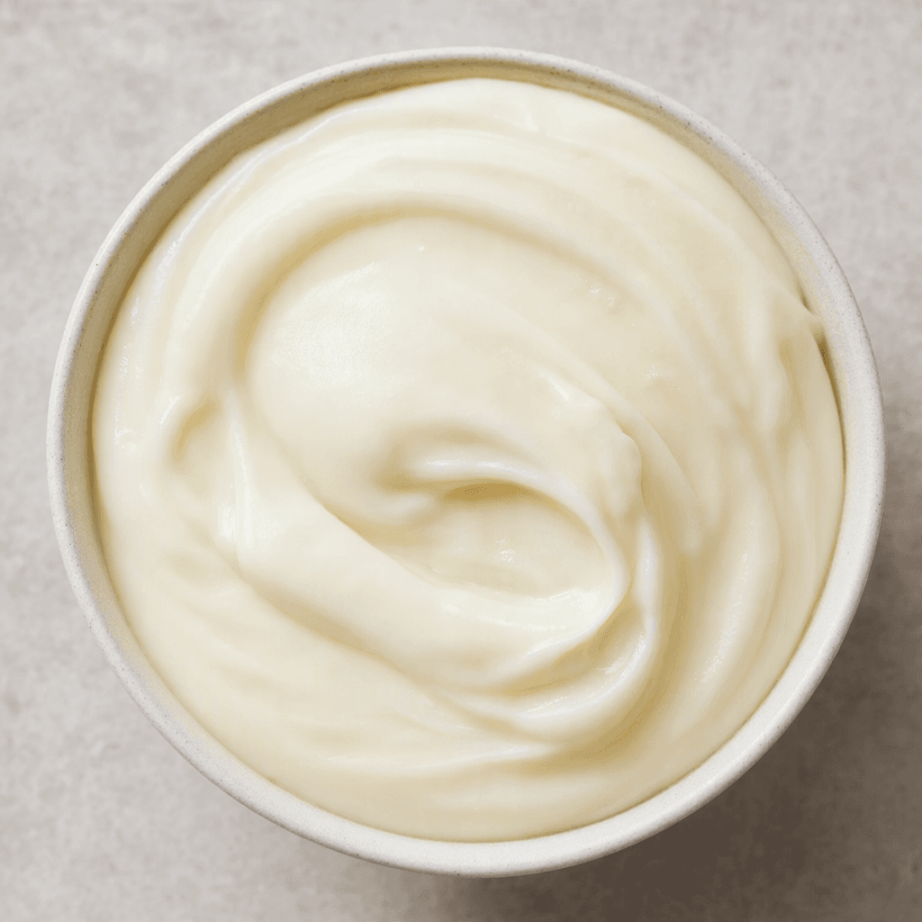 A smooth, thick, glossy off-white cheese spread with a soft, even surface.