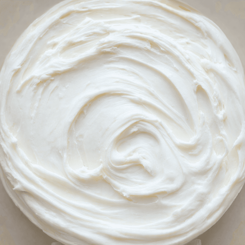 A smooth, thick, bright-white cheese spread with a soft, creamy surface and gentle swirls.