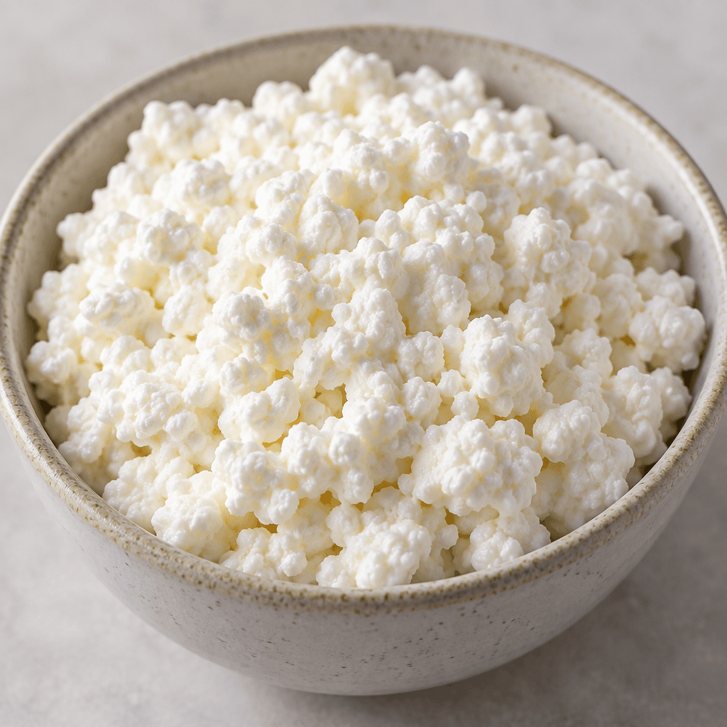 Soft, moist white cheese made up of small, loose curds, with an uneven, crumbly surface.
