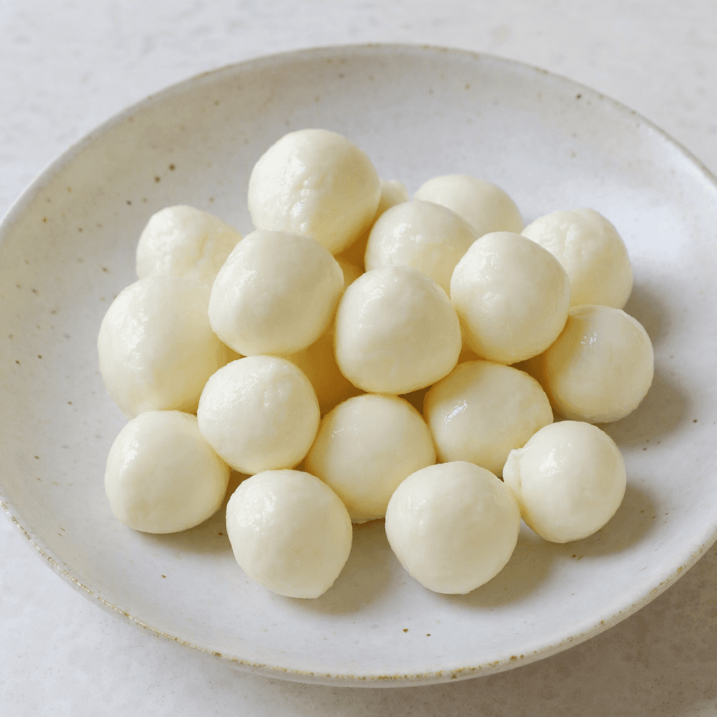 Small, smooth, ivory-white cheese balls with a moist sheen are arranged together on a plate.