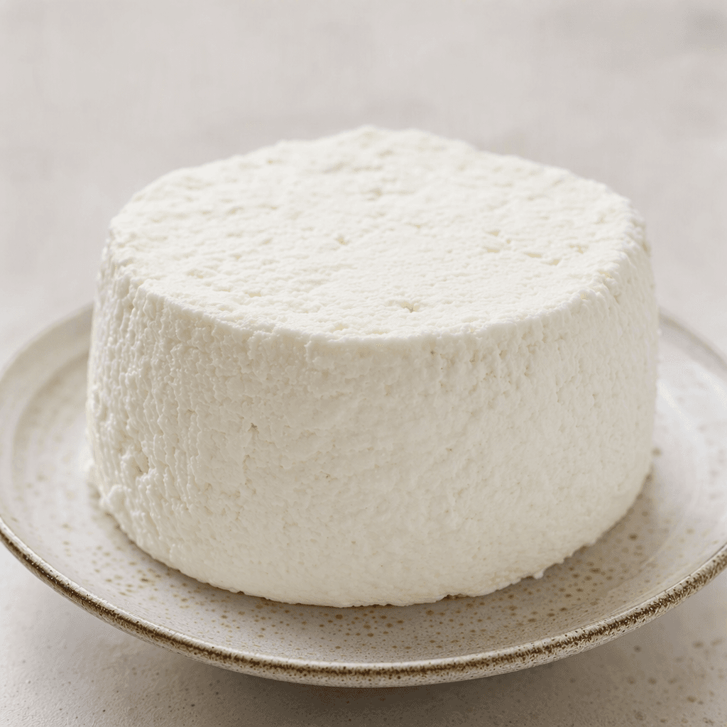 A compact, bright-white block of strained cheese with a dense, creamy texture and a softly uneven surface sits on a plate.