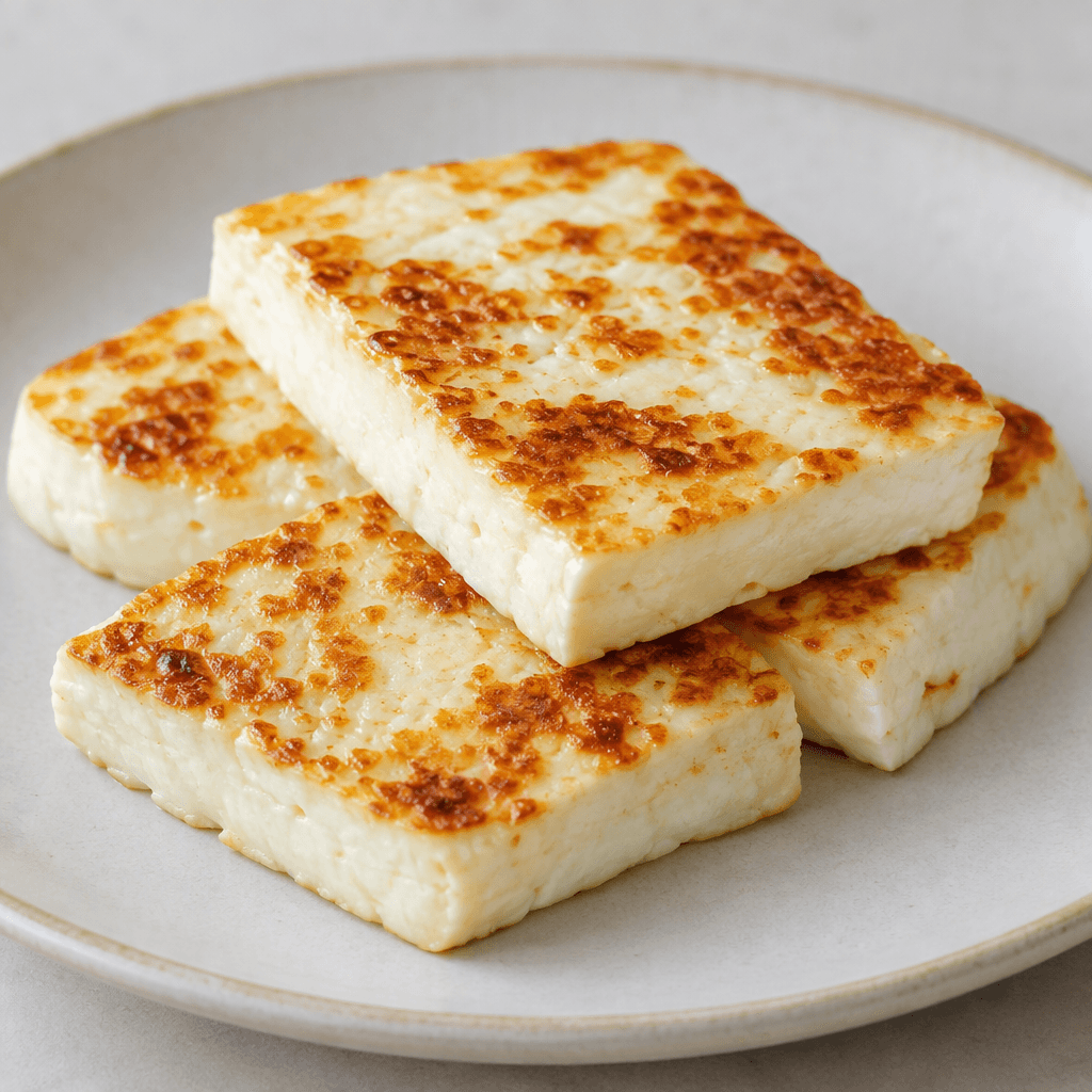 Thick, rectangular slices of firm, pale ivory cheese sit on a plate, their surfaces marked with golden-brown patches and their edges still light.